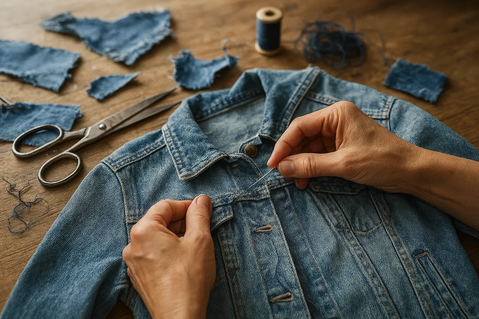 Close-up of hands upcycling a garment with sewing tools and fabric