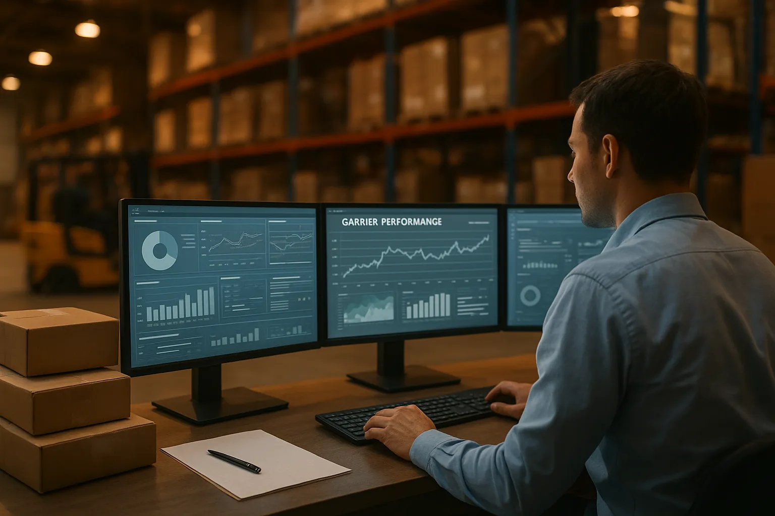 Logistics manager reviewing delivery cost and carrier data on screens