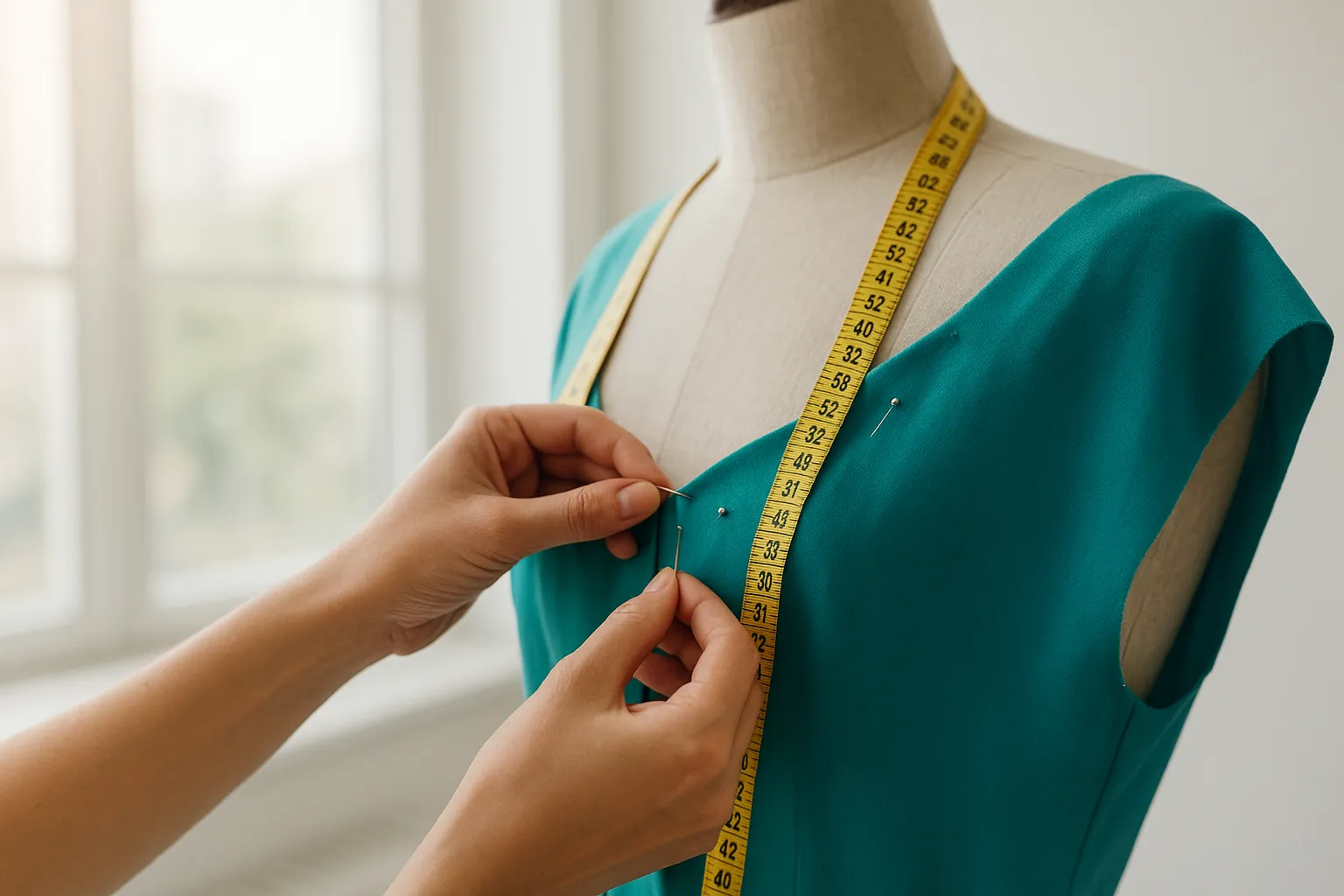 Hands of a fashion designer pinning fabric to a dress form in a sunlit studio