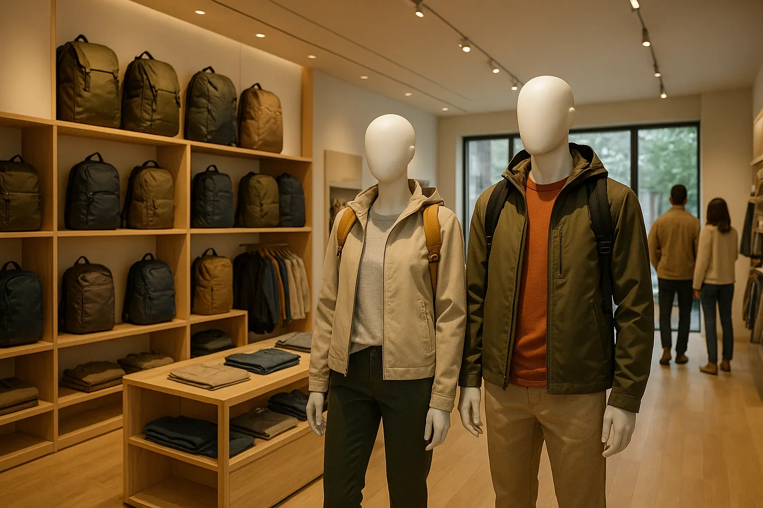 Interior of a lifestyle-oriented outdoor retail store with casual clothing and backpacks