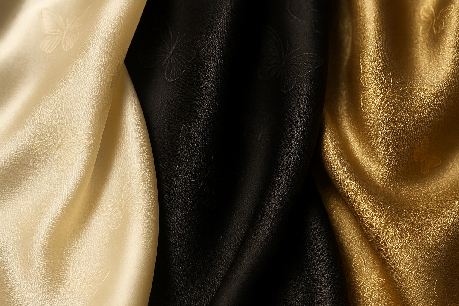 Close-up of illuminated fabrics featuring a butterfly motif in ivory, black, and gold.