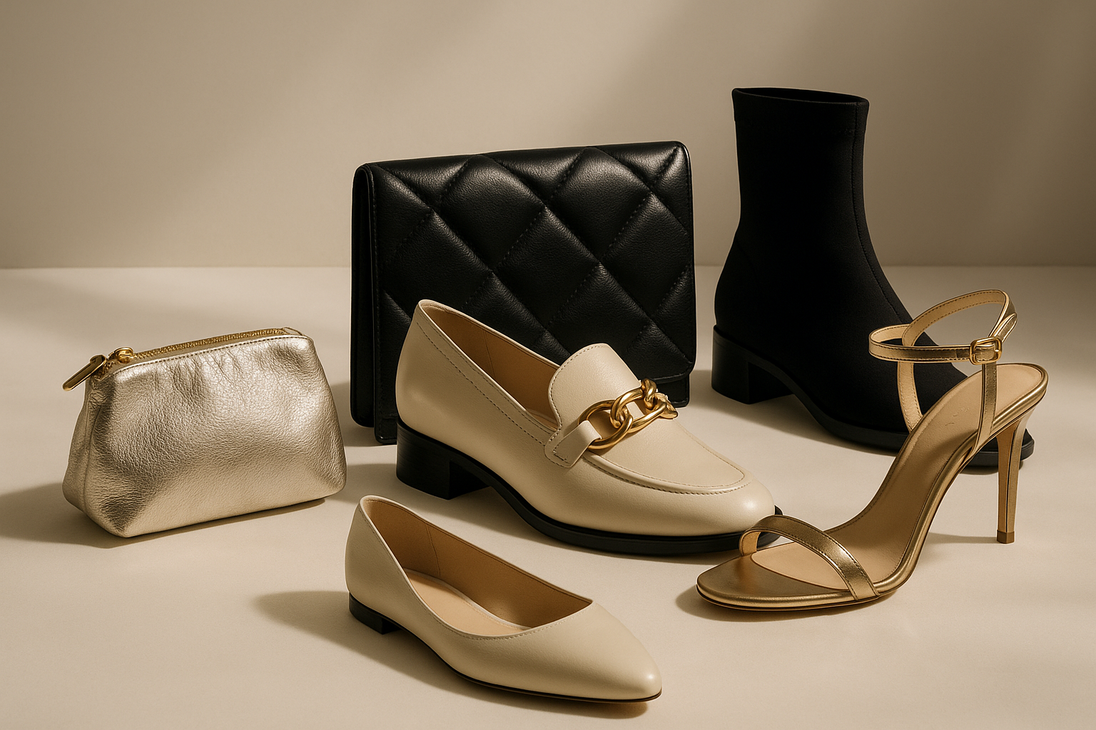 Accessories including a pouch, clutch, loafers, sandals, and neoprene boots.